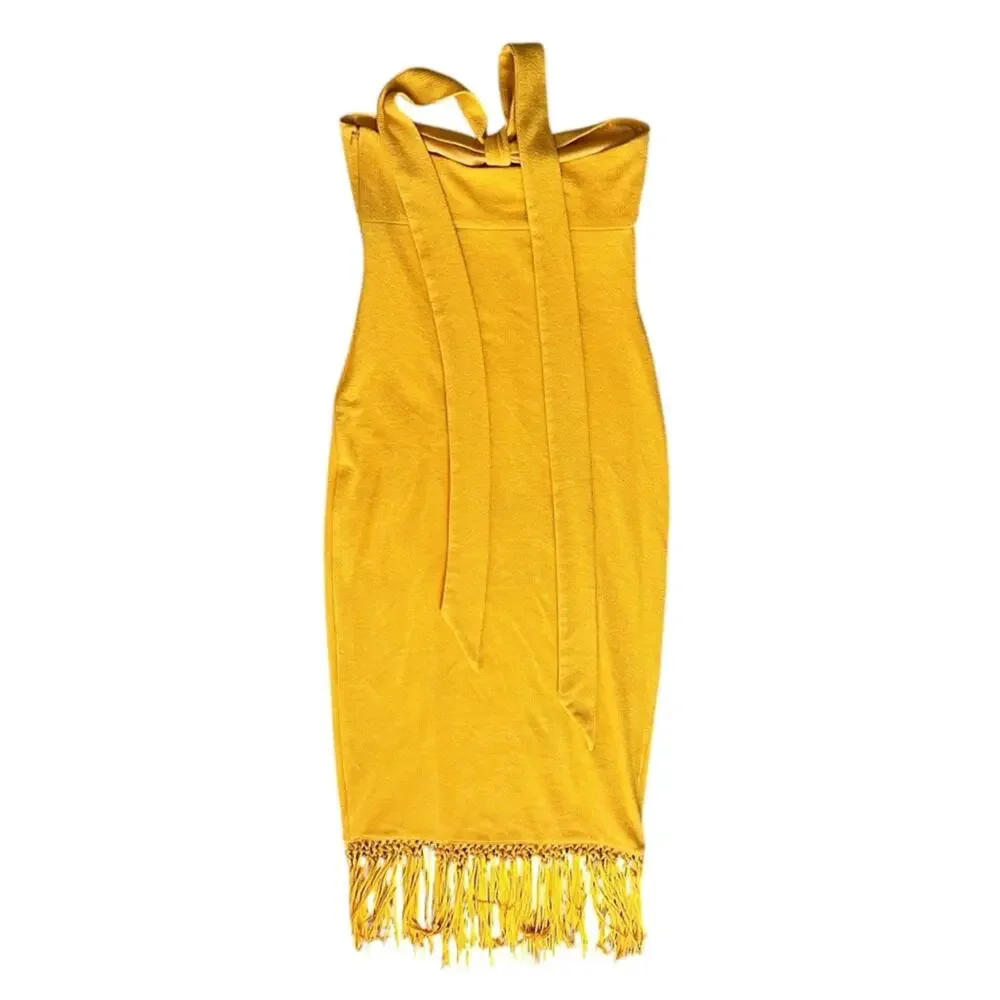 Saylor Women’s Jynx Fringe Halter Neck Mango Yellow Knit Midi Dress Sz S - Picture 6 of 13